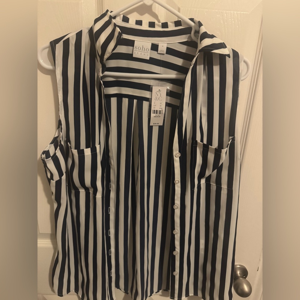 New York and Co Blue and White Striped Button Down Top